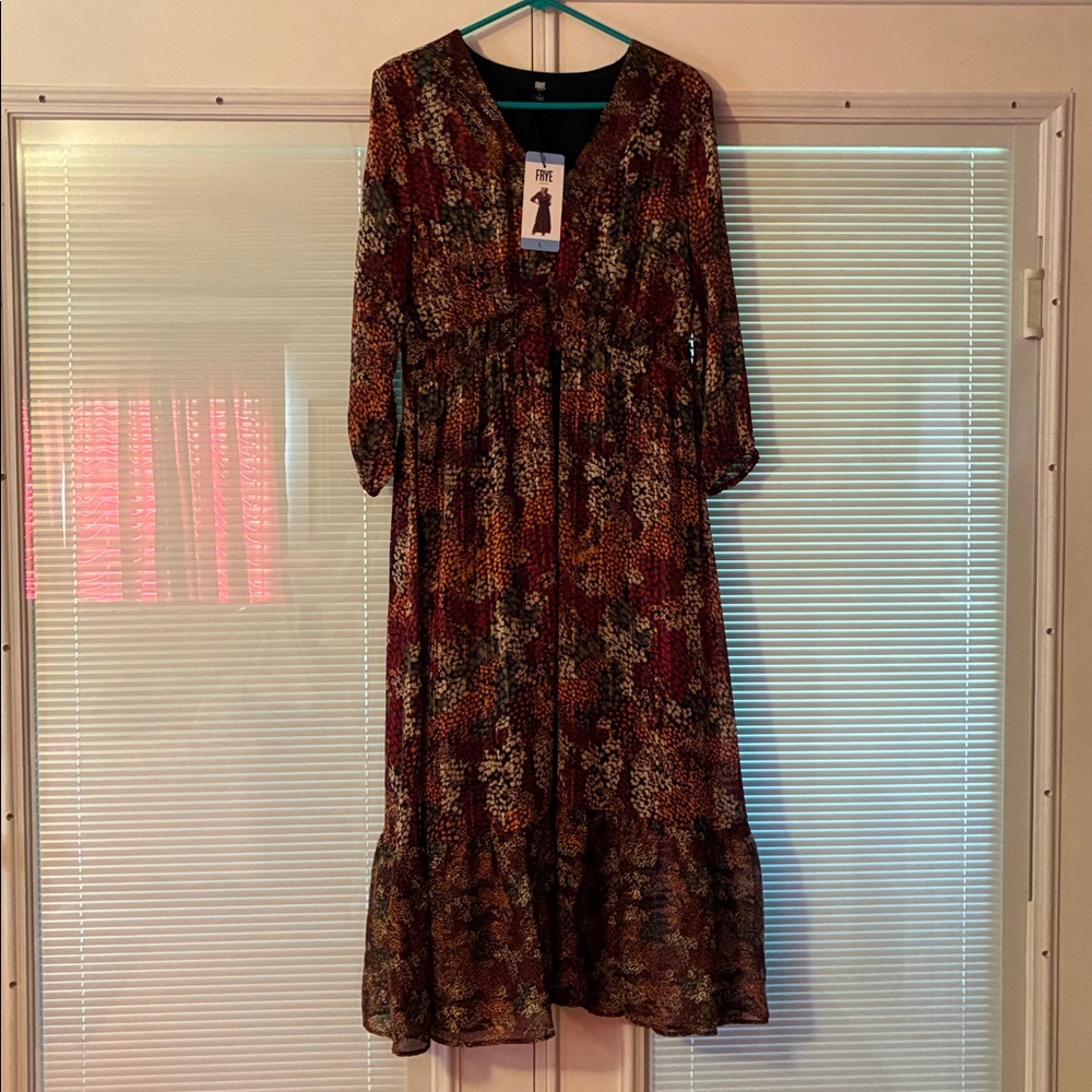 Frye  Floral Brown Long Sleeve Maxi Dress in Autumn Mix